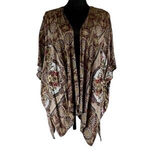 Angie Kimono Duster Oversized Brown Medallion Paisley Boho Open Front Medium